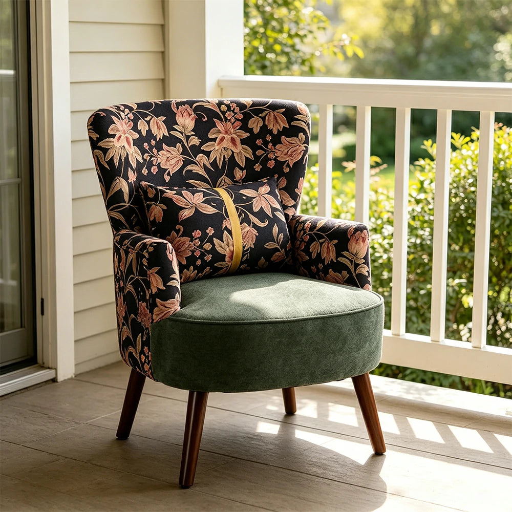 LIVARA High Back Vintage Floral Cotton Linen Lounge Chair for Living Room - Green Pattern