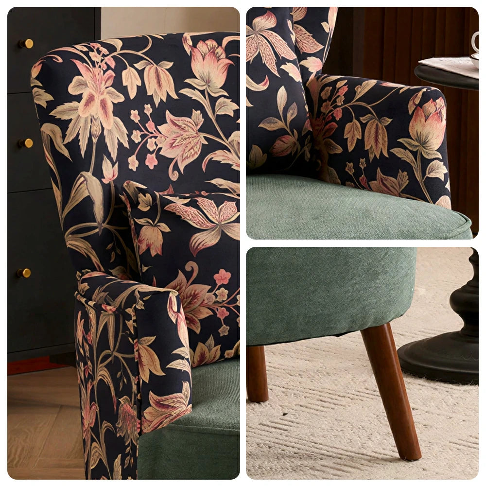 LIVARA High Back Vintage Floral Cotton Linen Lounge Chair for Living Room - Green Pattern