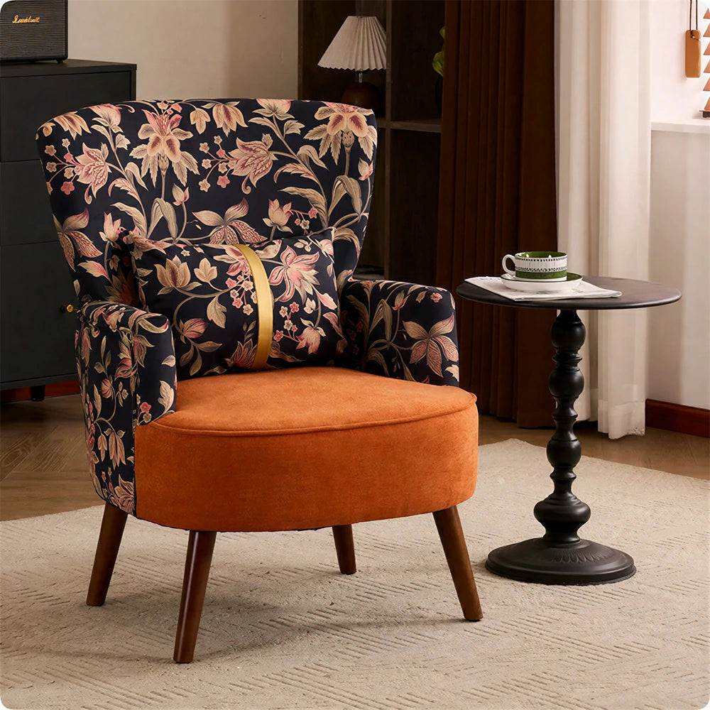 LIVARA High Back Vintage Floral Cotton Linen Lounge Chair for Living Room - Orange Pattern