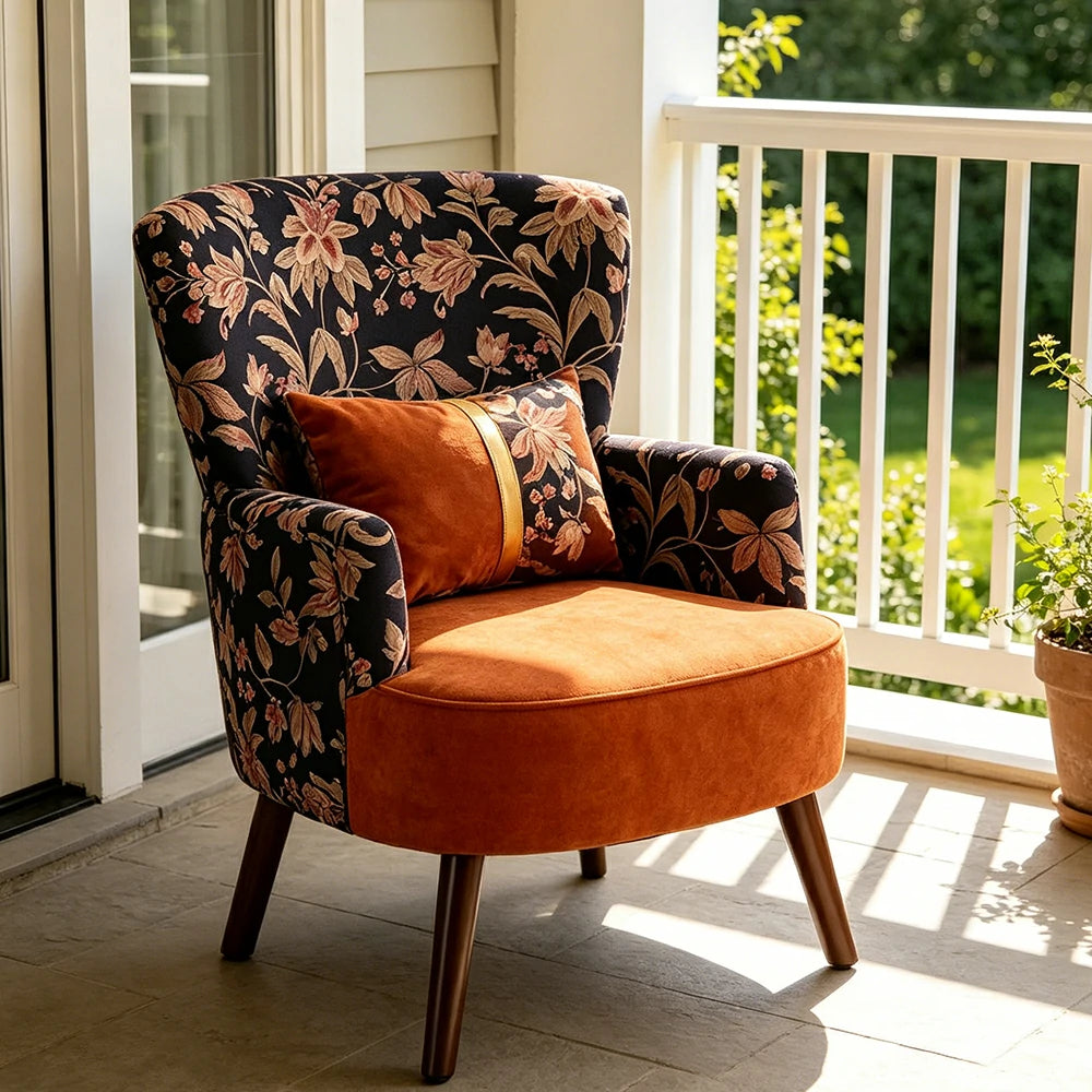 LIVARA High Back Vintage Floral Cotton Linen Lounge Chair for Living Room - Orange Pattern