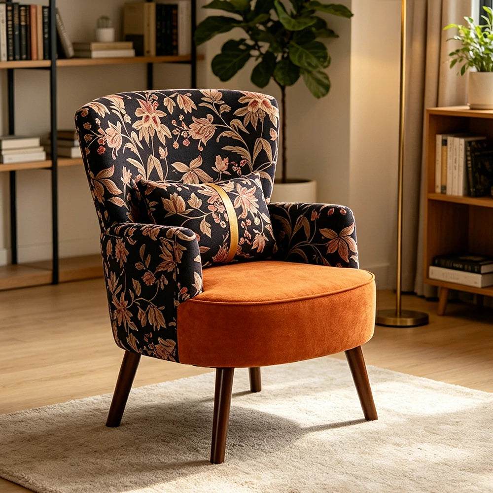 LIVARA High Back Vintage Floral Cotton Linen Lounge Chair for Living Room - Orange Pattern