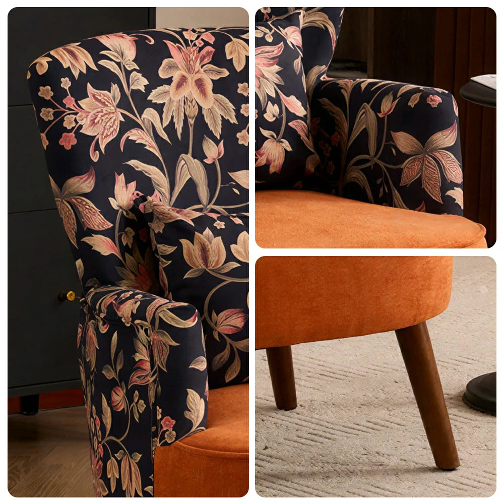 LIVARA High Back Vintage Floral Cotton Linen Lounge Chair for Living Room - Orange Pattern