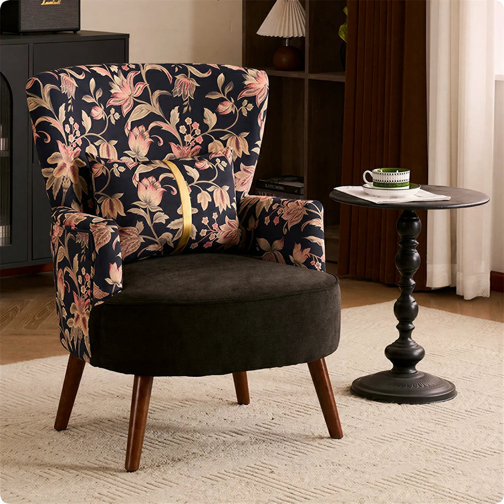 LIVARA High Back Vintage Floral Cotton Linen Lounge Chair for Living Room - Black Pattern