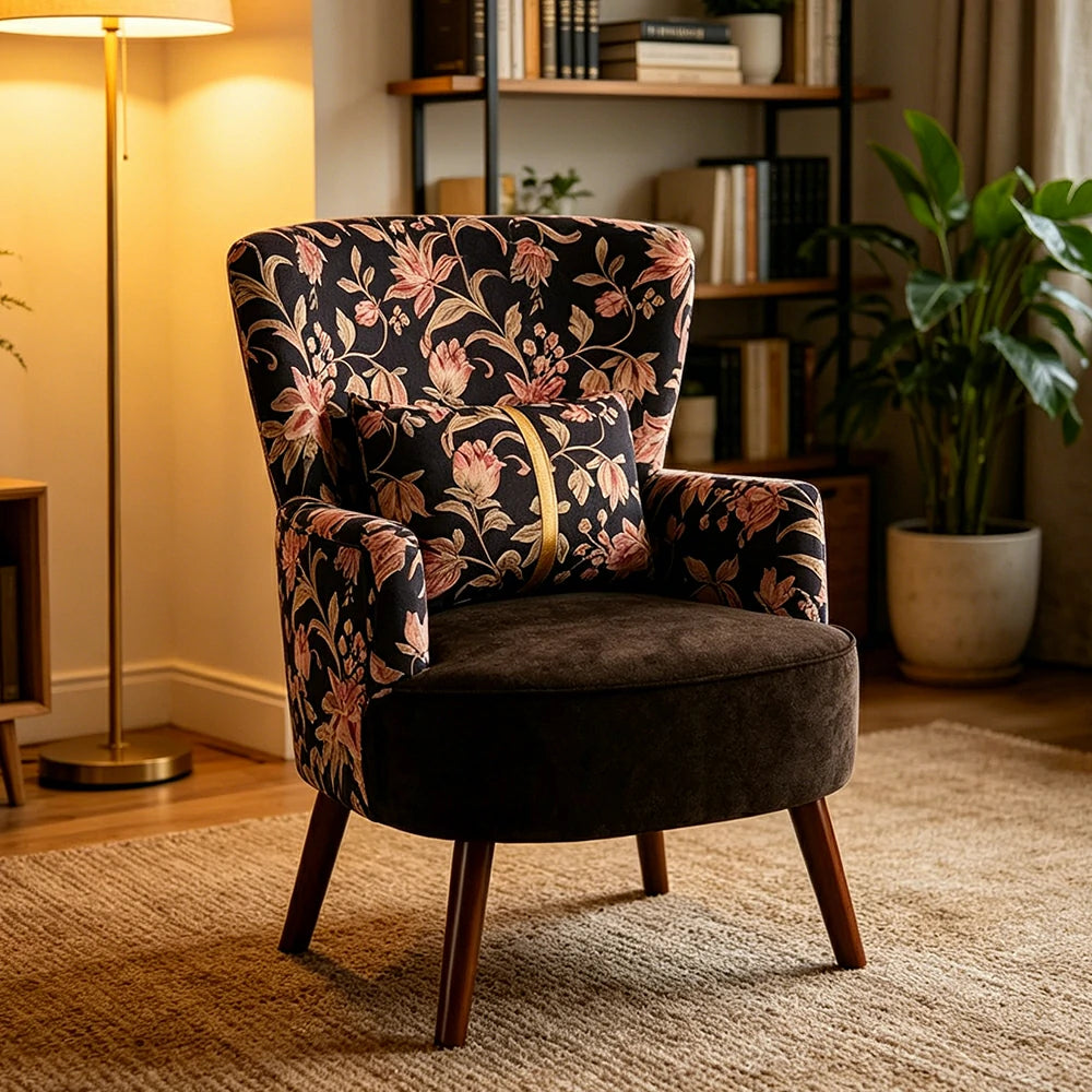 LIVARA High Back Vintage Floral Cotton Linen Lounge Chair for Living Room - Black Pattern