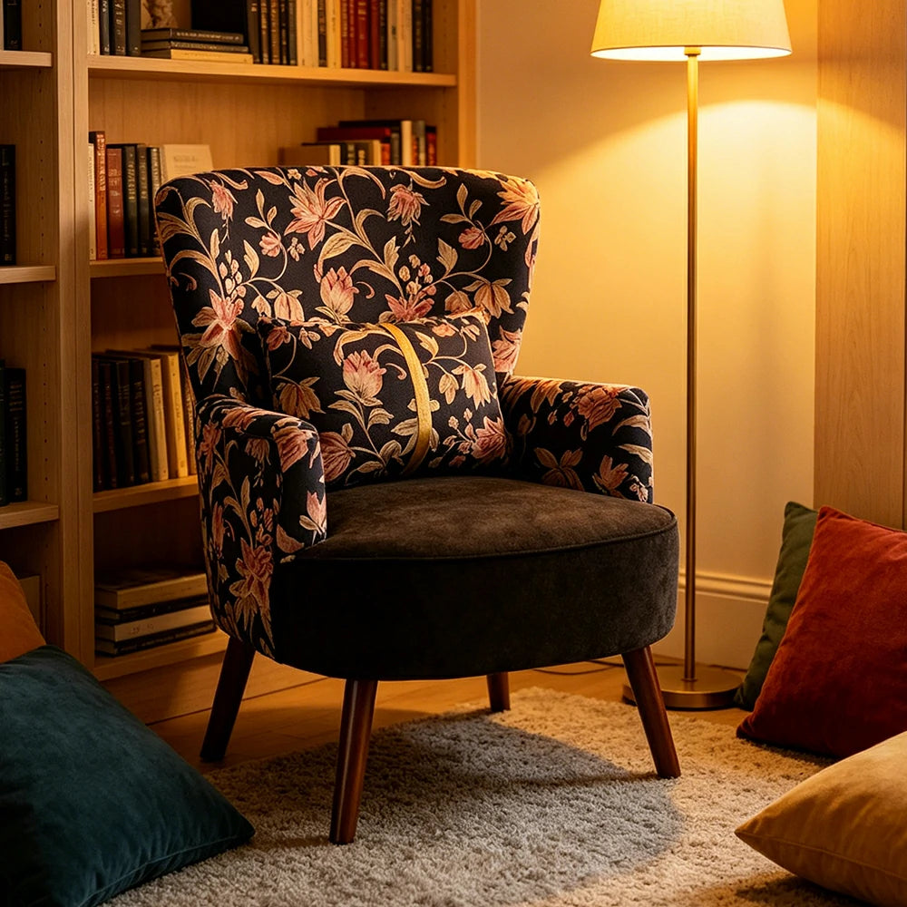 LIVARA High Back Vintage Floral Cotton Linen Lounge Chair for Living Room - Black Pattern
