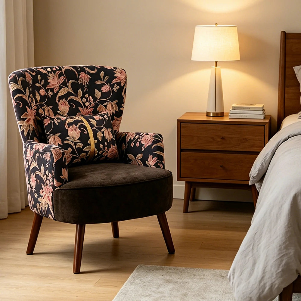 LIVARA High Back Vintage Floral Cotton Linen Lounge Chair for Living Room - Black Pattern