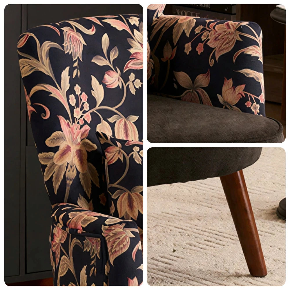 LIVARA High Back Vintage Floral Cotton Linen Lounge Chair for Living Room - Black Pattern