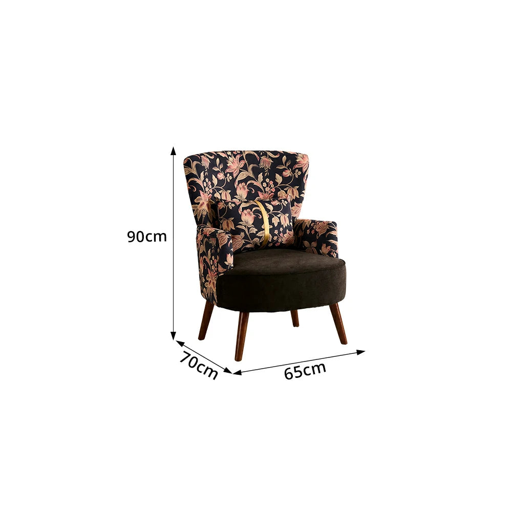 LIVARA High Back Vintage Floral Cotton Linen Lounge Chair for Living Room - Black Pattern