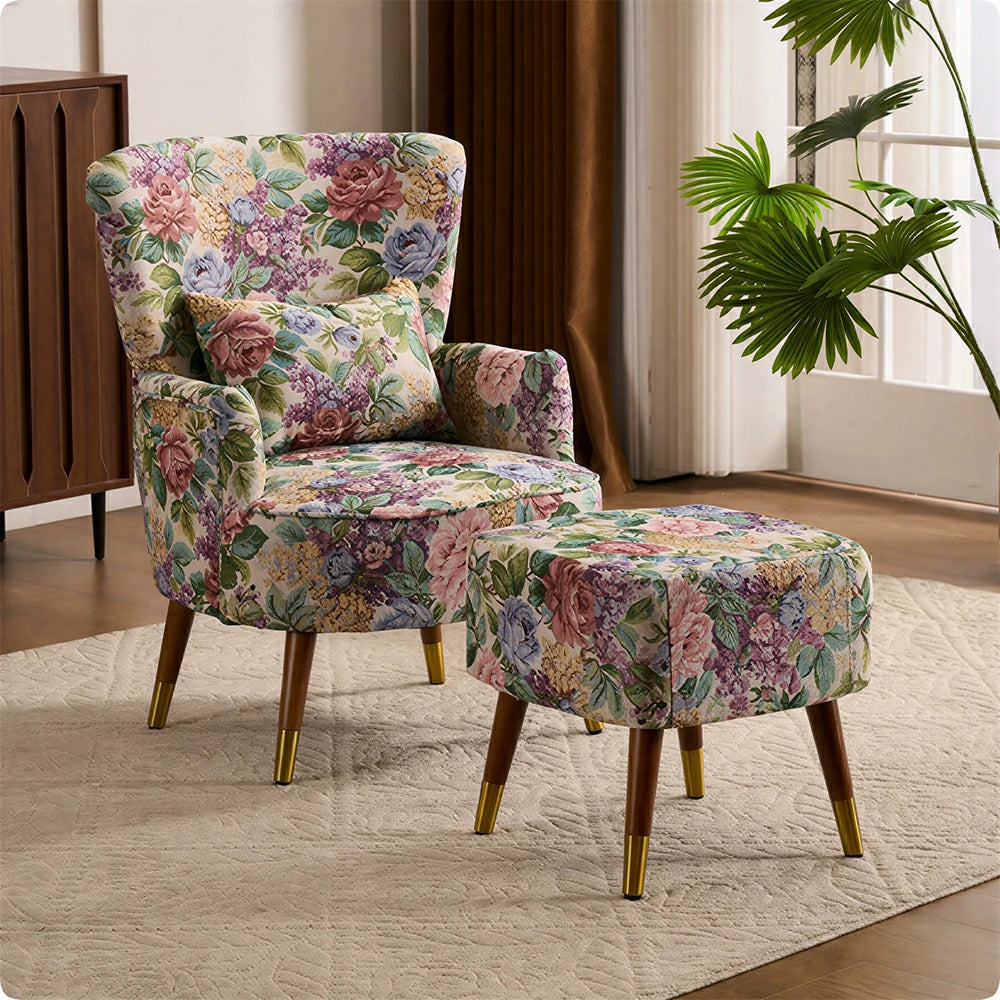 LIVARA High Back Floral Accent Chair with Ottoman - Vintage Living Room Lounge Chair - Vintage Peony