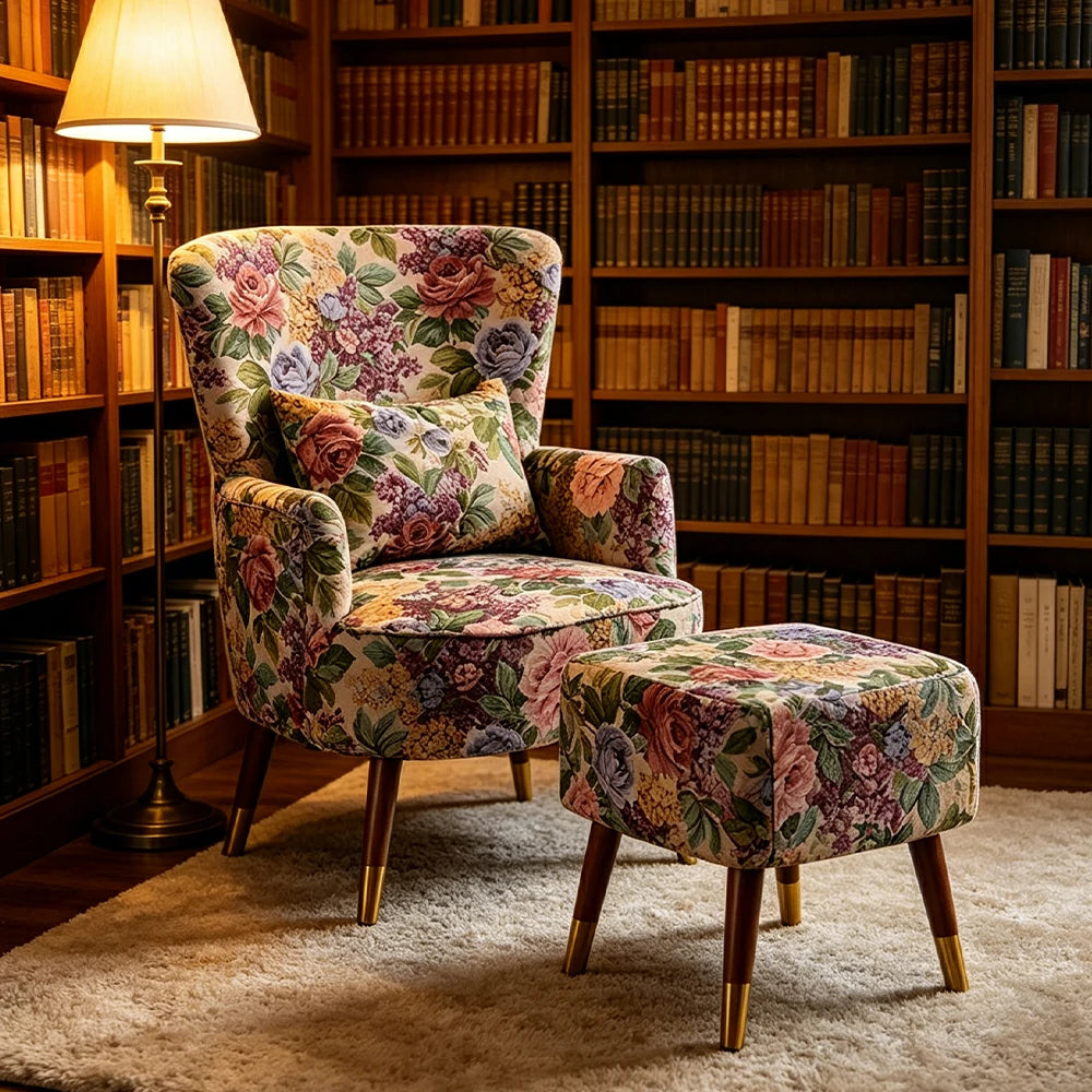 LIVARA High Back Floral Accent Chair with Ottoman - Vintage Living Room Lounge Chair - Vintage Peony