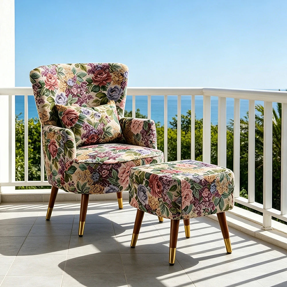 LIVARA High Back Floral Accent Chair with Ottoman - Vintage Living Room Lounge Chair - Vintage Peony