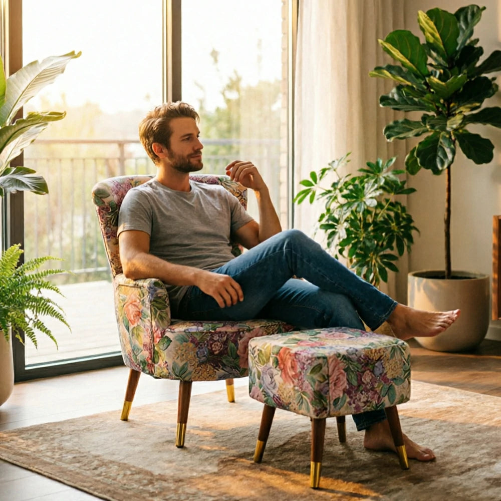 LIVARA High Back Floral Accent Chair with Ottoman - Vintage Living Room Lounge Chair - Vintage Peony