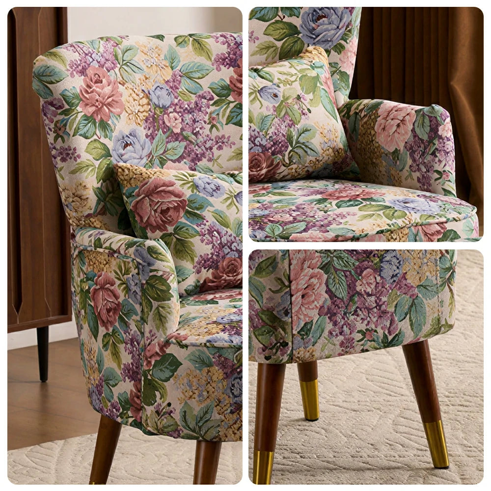 LIVARA High Back Floral Accent Chair with Ottoman - Vintage Living Room Lounge Chair - Vintage Peony