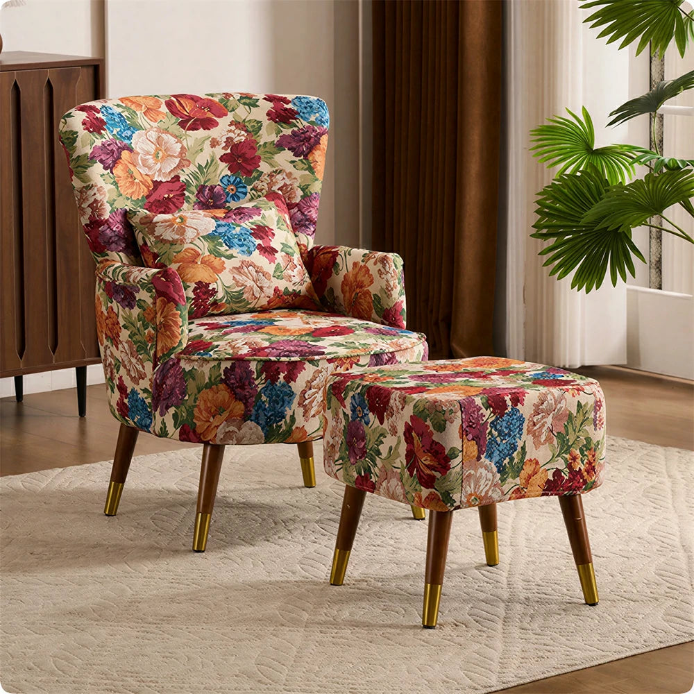 LIVARA High Back Floral Accent Chair with Ottoman - Vintage Living Room Lounge Chair - Monet Garden
