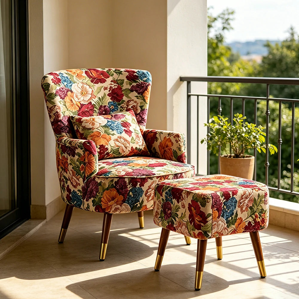 LIVARA High Back Floral Accent Chair with Ottoman - Vintage Living Room Lounge Chair - Monet Garden