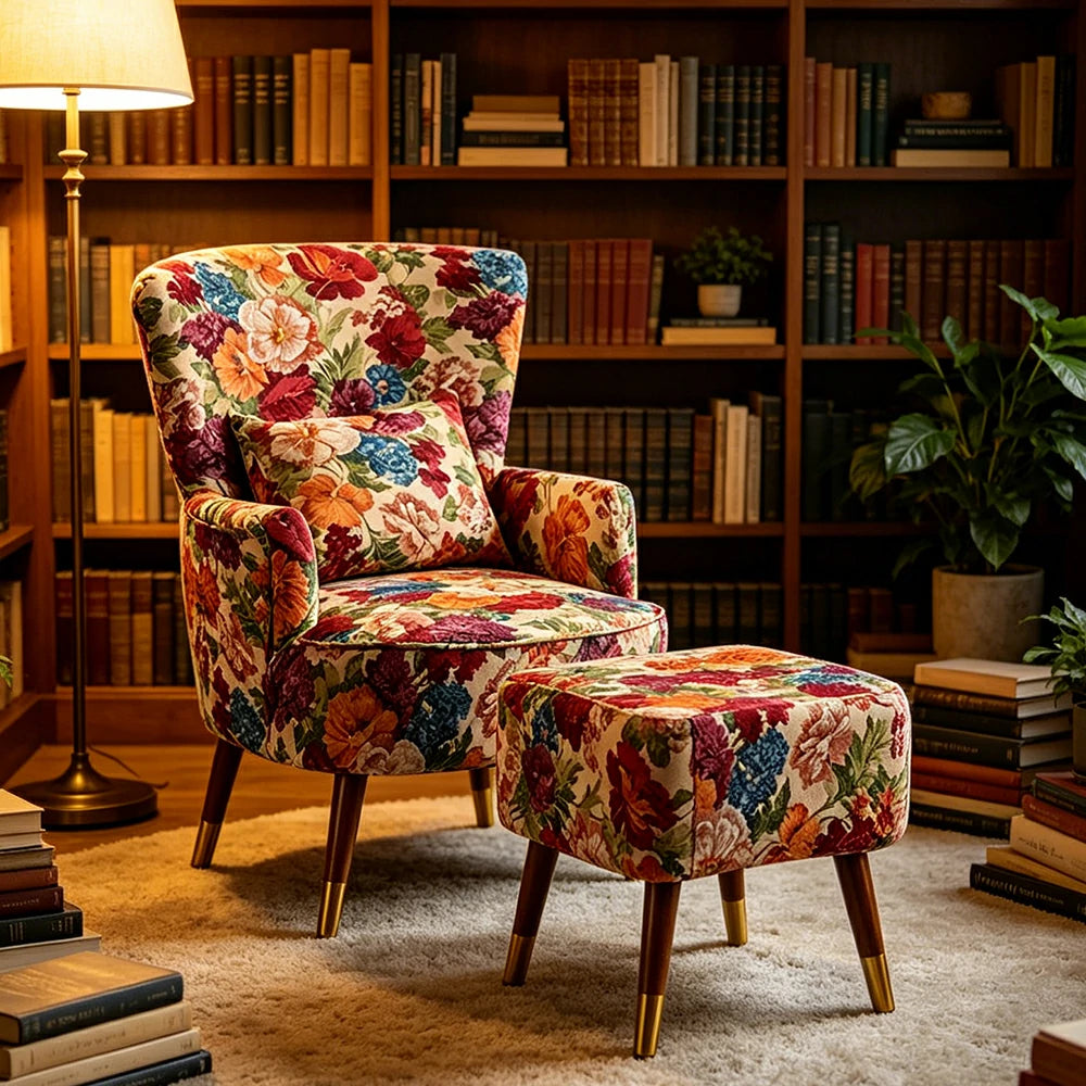 LIVARA High Back Floral Accent Chair with Ottoman - Vintage Living Room Lounge Chair - Monet Garden