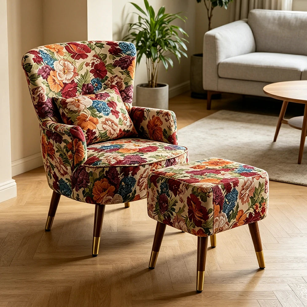 LIVARA High Back Floral Accent Chair with Ottoman - Vintage Living Room Lounge Chair - Monet Garden
