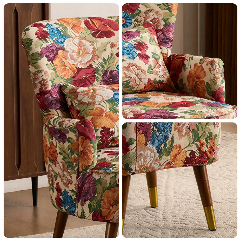 LIVARA High Back Floral Accent Chair with Ottoman - Vintage Living Room Lounge Chair - Monet Garden