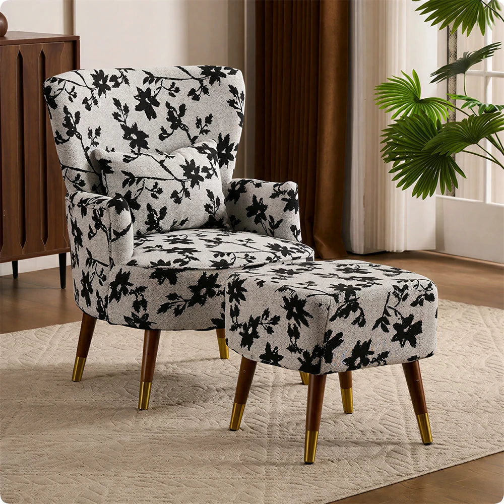 LIVARA High Back Jacquard Accent Chair with Ottoman - Vintage Living Room Lounge Chair - Ink Floral