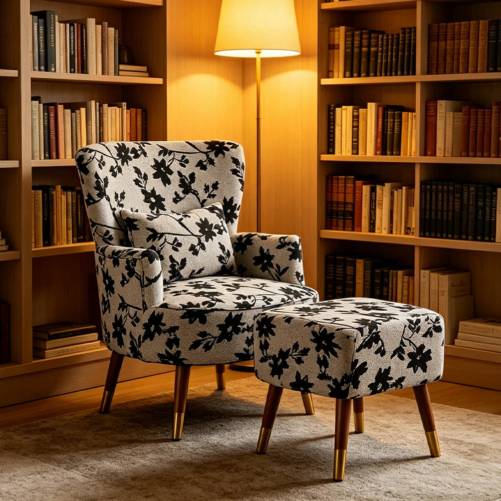 LIVARA High Back Jacquard Accent Chair with Ottoman - Vintage Living Room Lounge Chair - Ink Floral