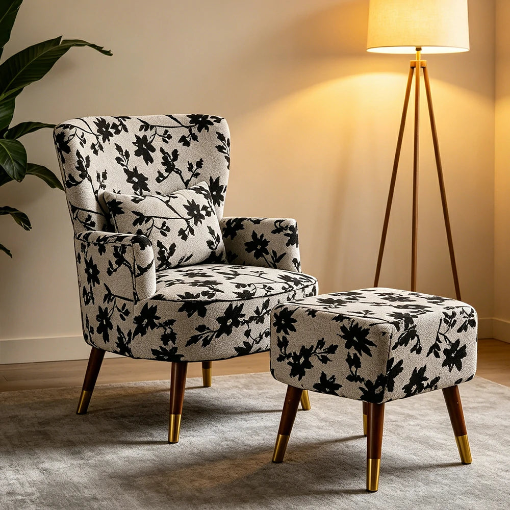 LIVARA High Back Jacquard Accent Chair with Ottoman - Vintage Living Room Lounge Chair - Ink Floral