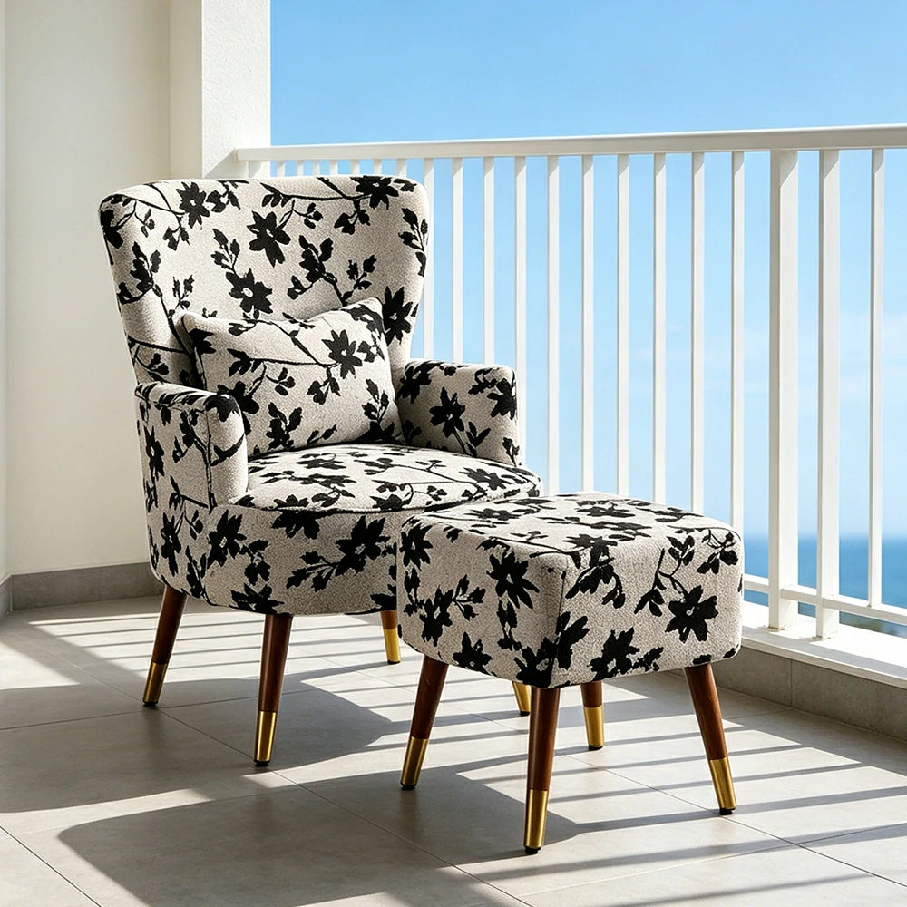LIVARA High Back Jacquard Accent Chair with Ottoman - Vintage Living Room Lounge Chair - Ink Floral