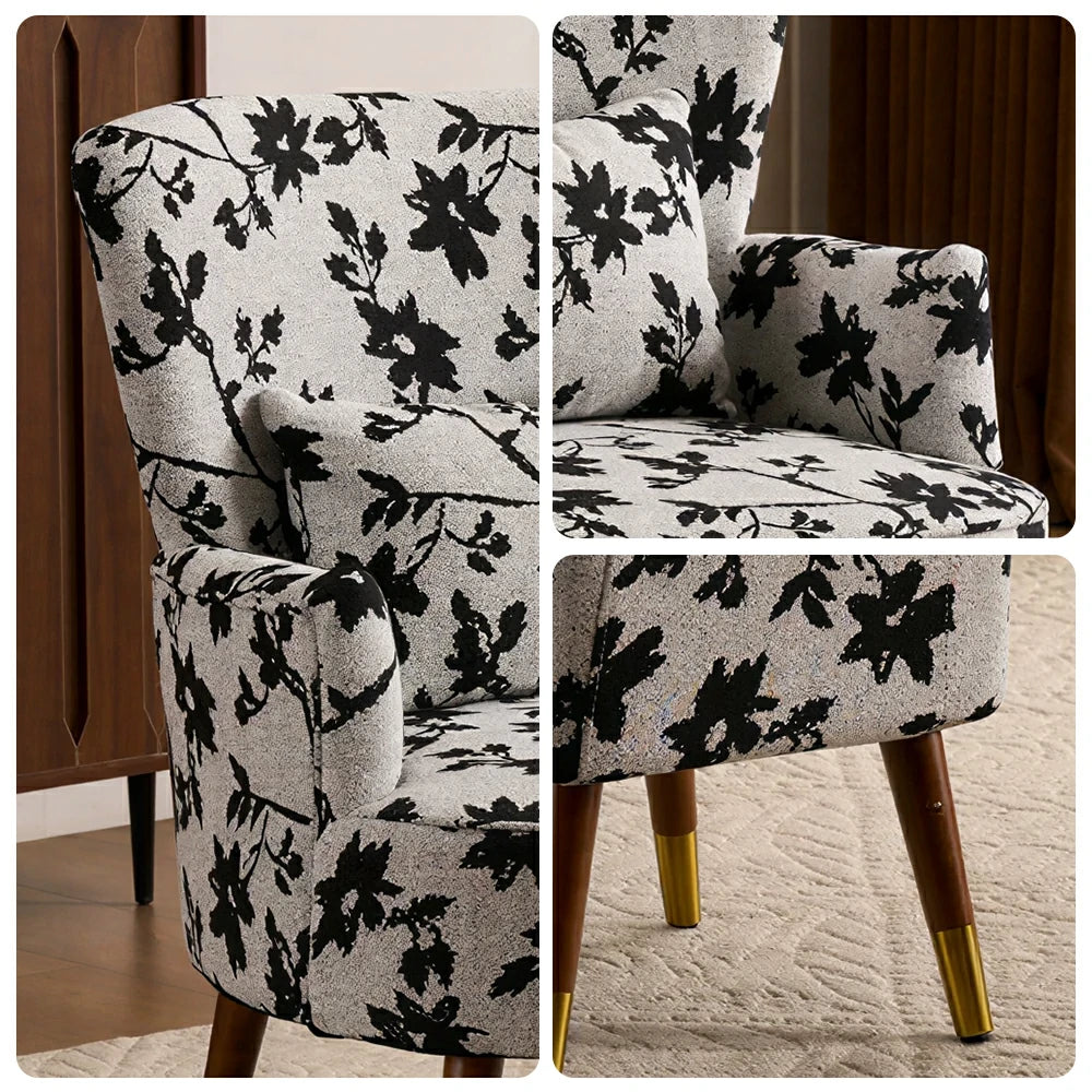 LIVARA High Back Jacquard Accent Chair with Ottoman - Vintage Living Room Lounge Chair - Ink Floral