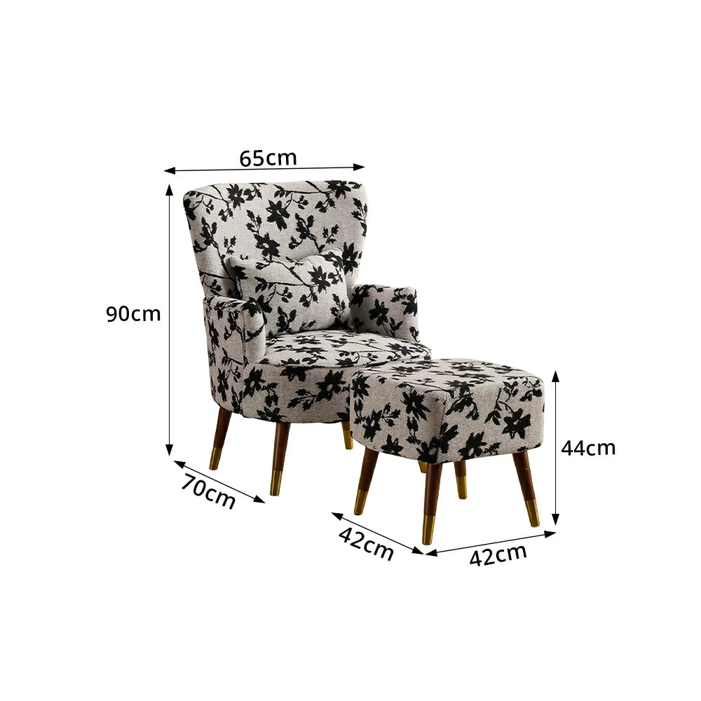 LIVARA High Back Jacquard Accent Chair with Ottoman - Vintage Living Room Lounge Chair - Ink Floral