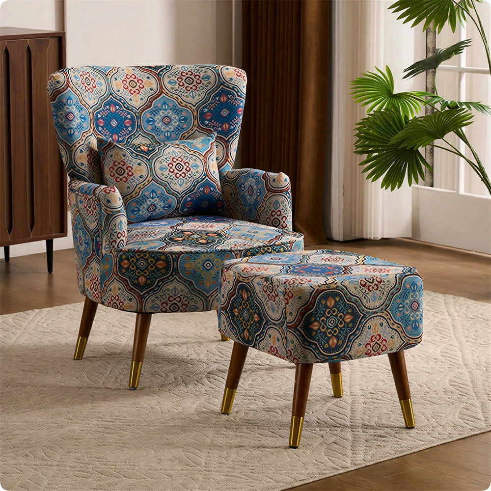 LIVARA High Back Accent Chair with Ottoman - Vintage Living Room Lounge Chair - Royal Blue
