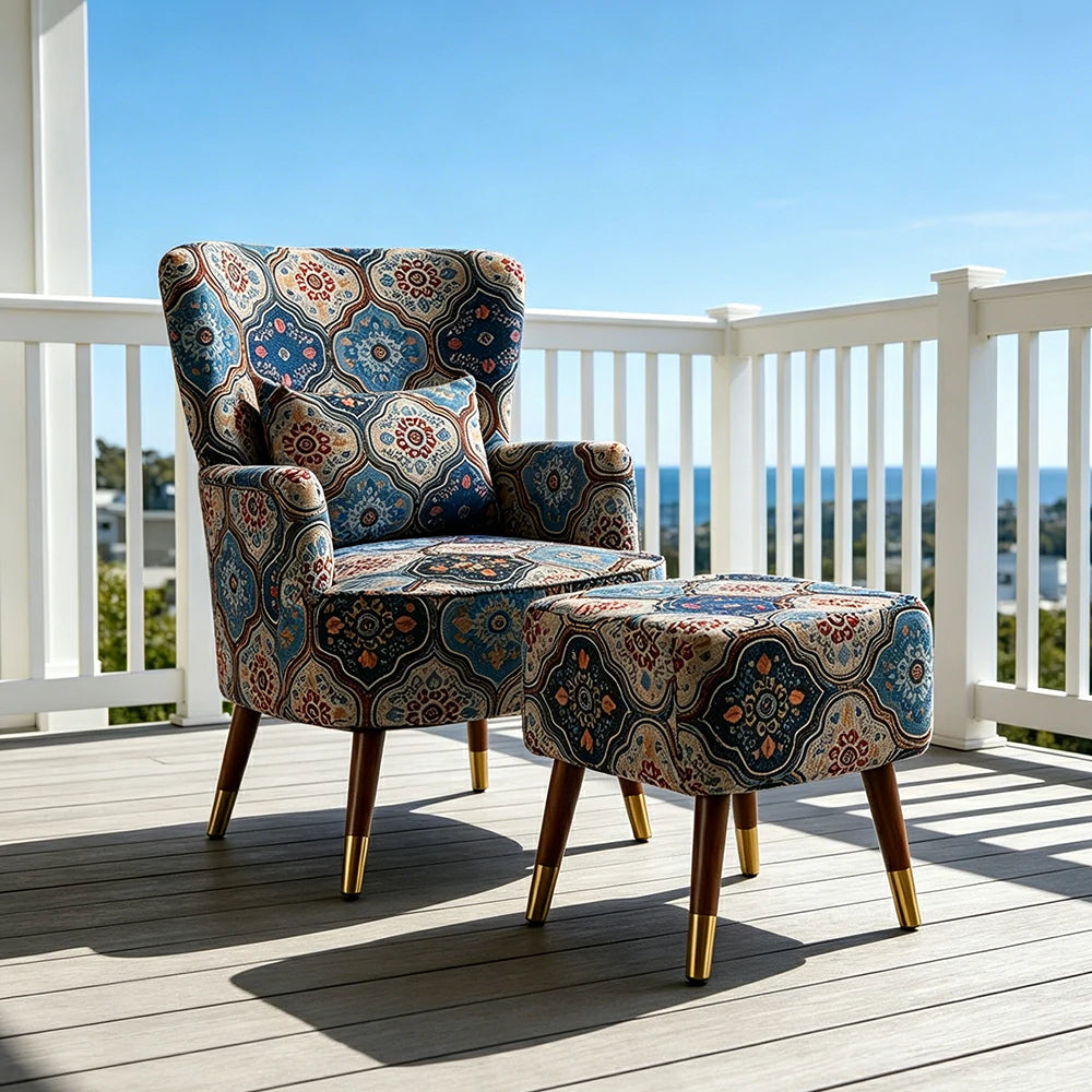 LIVARA High Back Accent Chair with Ottoman - Vintage Living Room Lounge Chair - Royal Blue