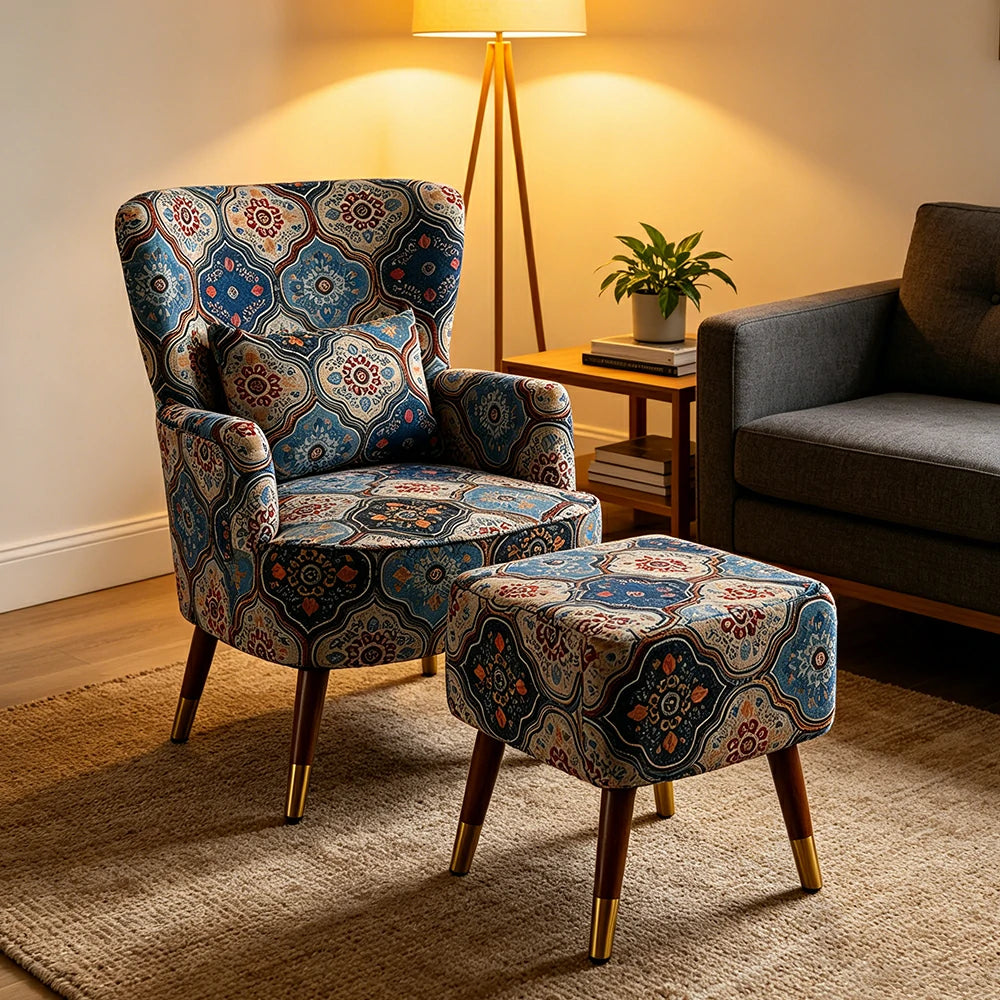LIVARA High Back Accent Chair with Ottoman - Vintage Living Room Lounge Chair - Royal Blue
