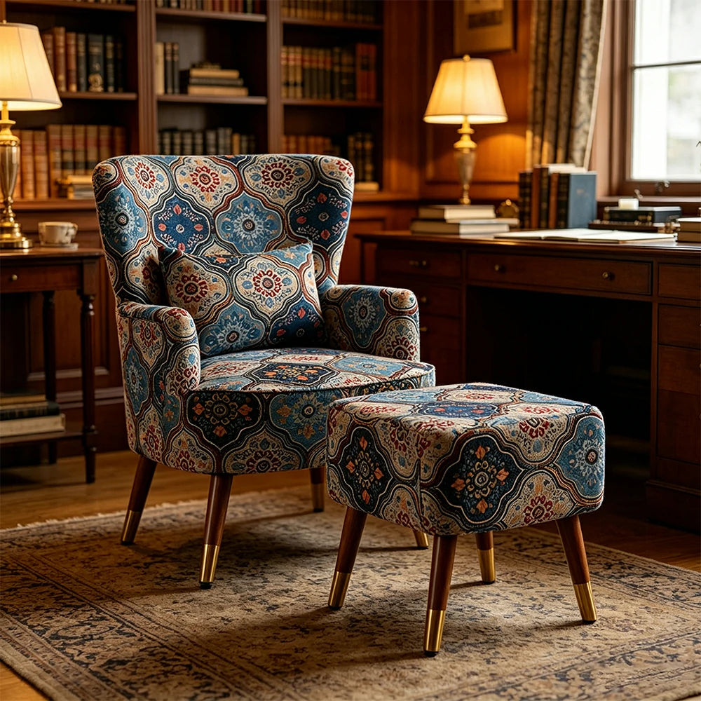 LIVARA High Back Accent Chair with Ottoman - Vintage Living Room Lounge Chair - Royal Blue