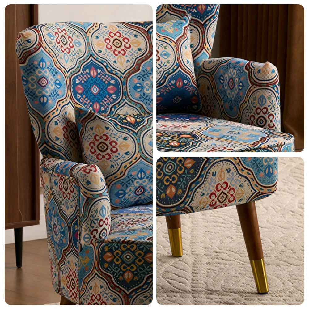 LIVARA High Back Accent Chair with Ottoman - Vintage Living Room Lounge Chair - Royal Blue