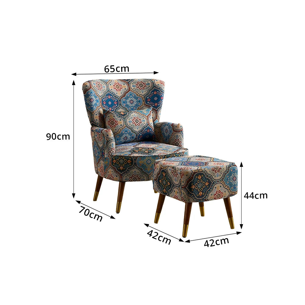 LIVARA High Back Accent Chair with Ottoman - Vintage Living Room Lounge Chair - Royal Blue