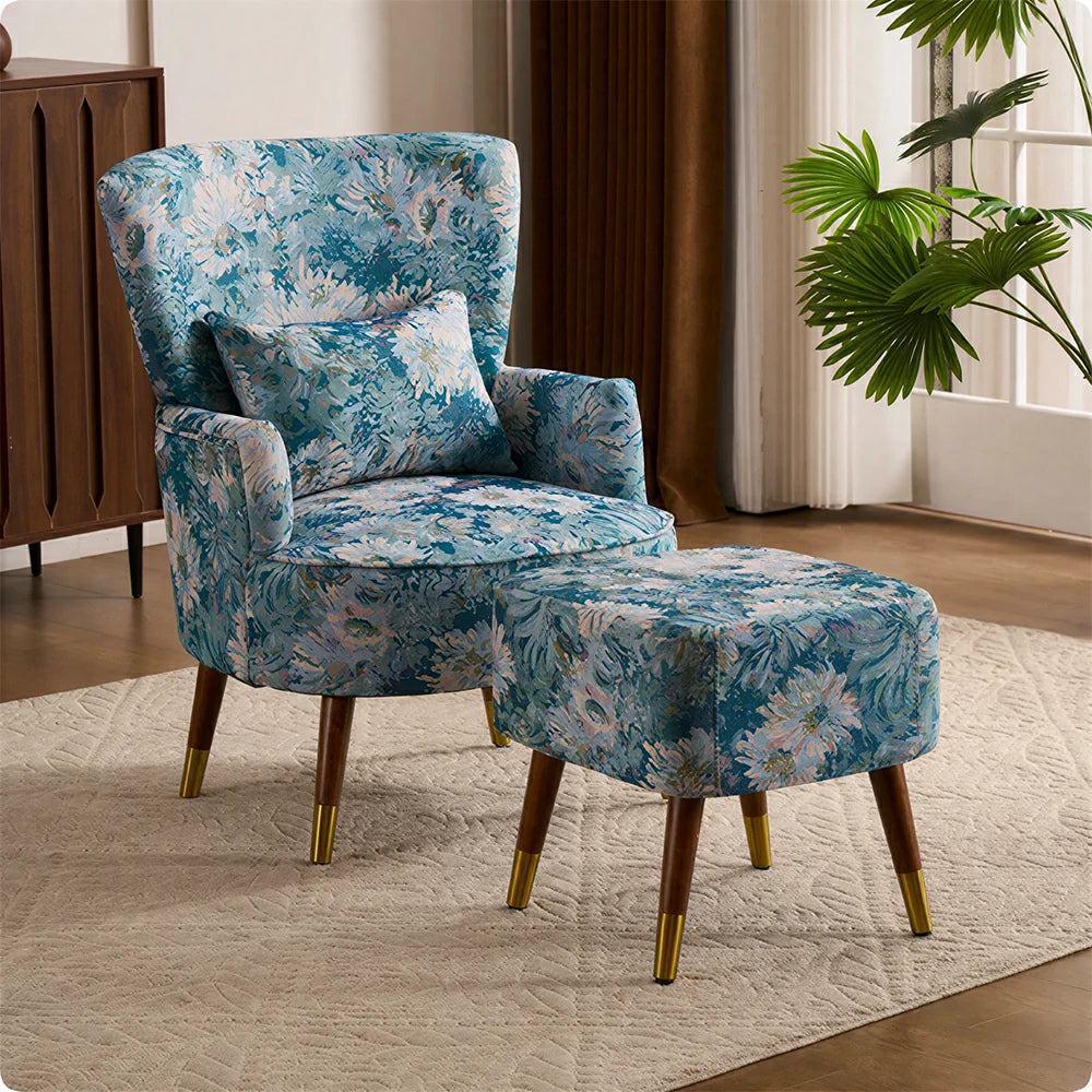 LIVARA High Back Floral Accent Chair with Ottoman - Vintage Living Room Lounge Chair - Blue Sunflower