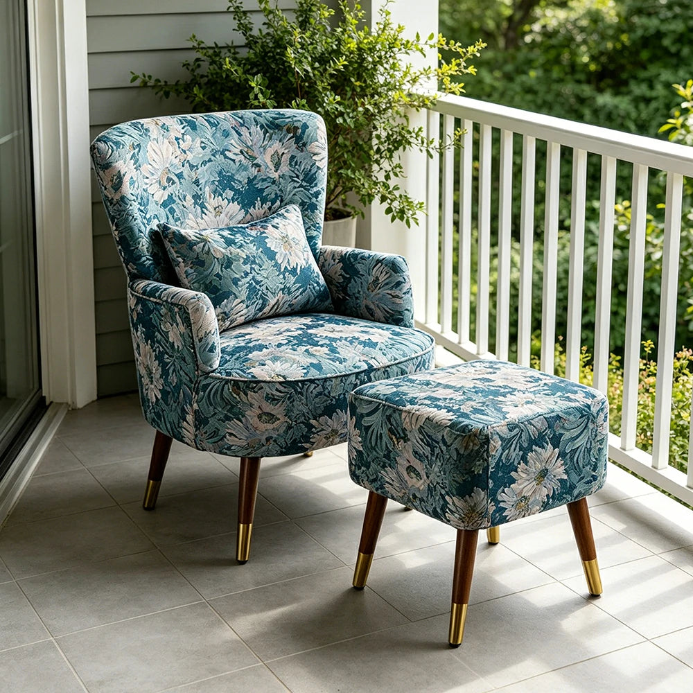 LIVARA High Back Floral Accent Chair with Ottoman - Vintage Living Room Lounge Chair - Blue Sunflower