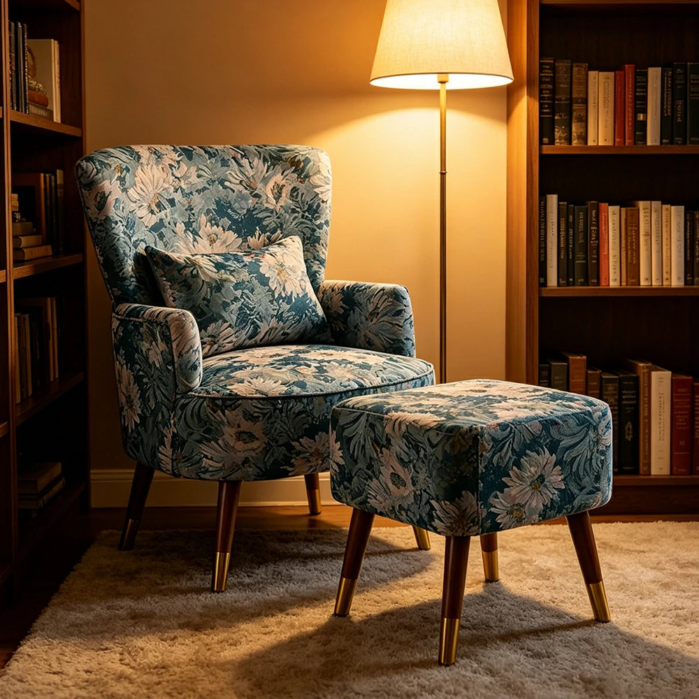 LIVARA High Back Floral Accent Chair with Ottoman - Vintage Living Room Lounge Chair - Blue Sunflower
