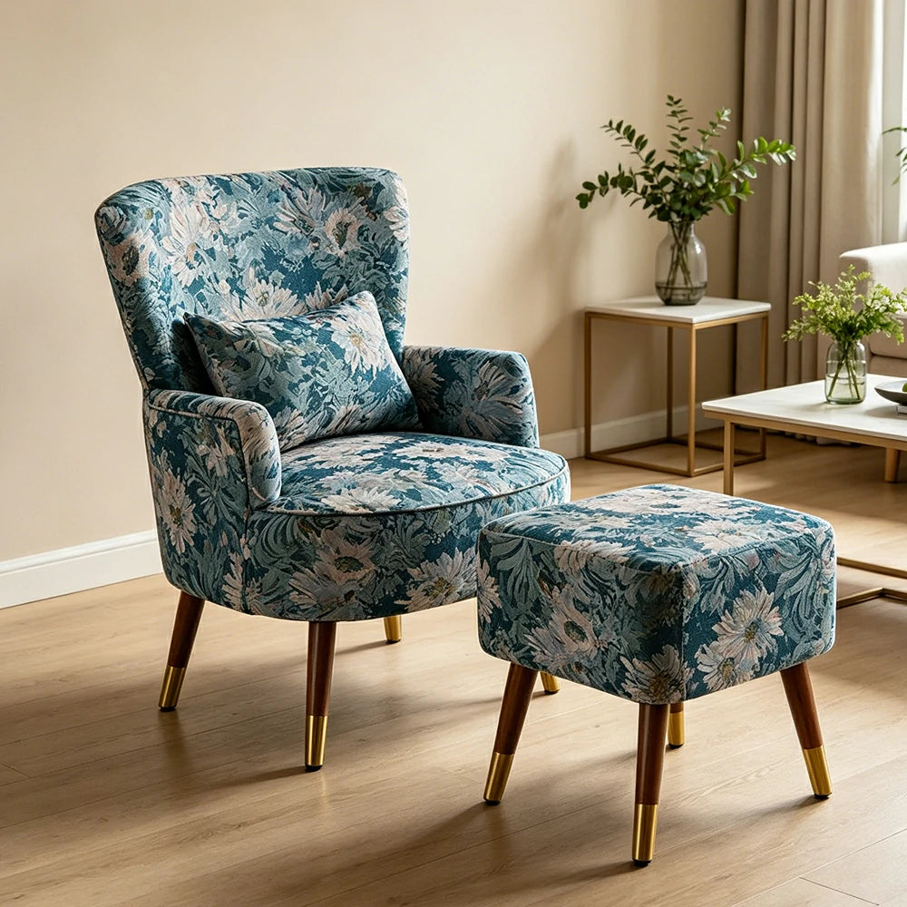 LIVARA High Back Floral Accent Chair with Ottoman - Vintage Living Room Lounge Chair - Blue Sunflower