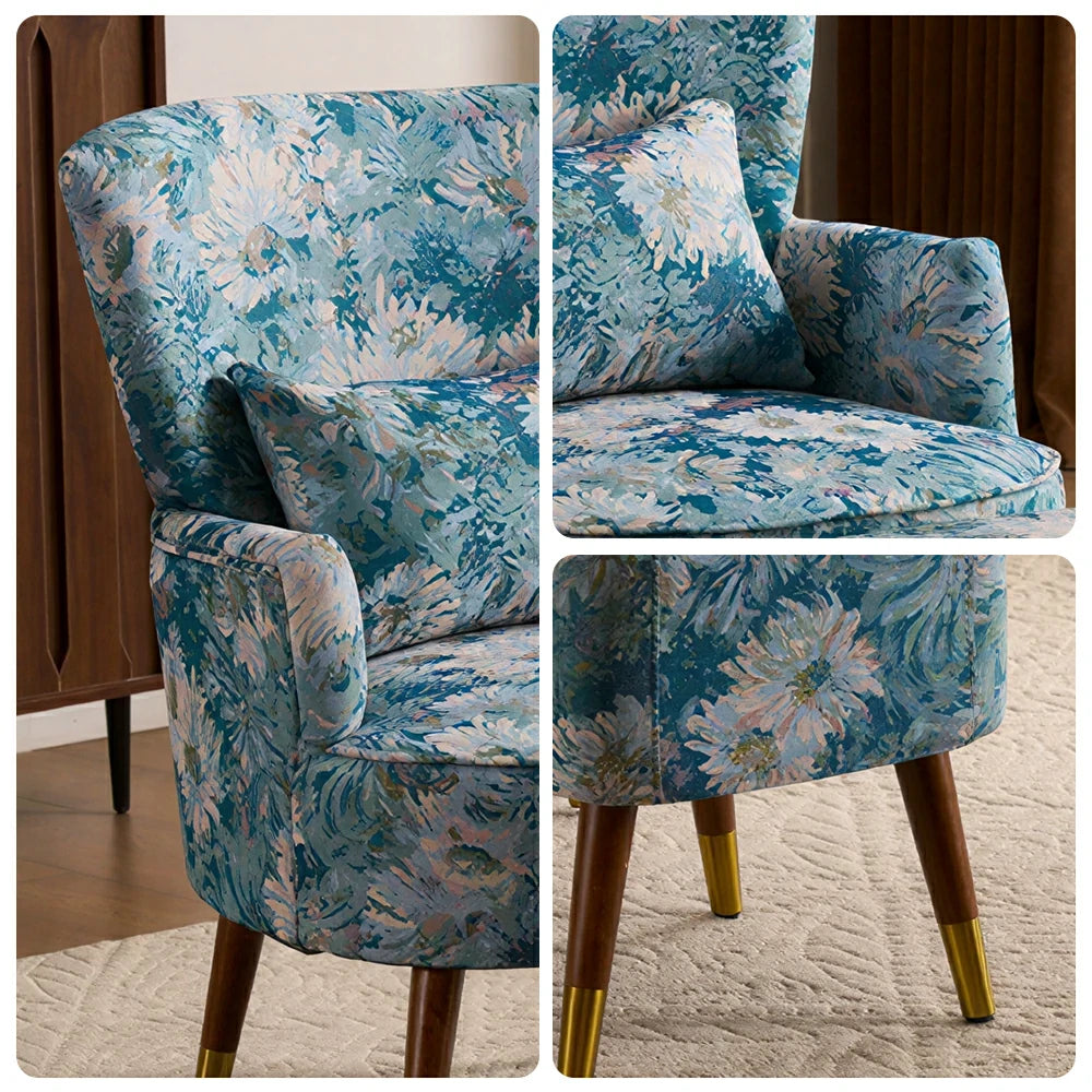 LIVARA High Back Floral Accent Chair with Ottoman - Vintage Living Room Lounge Chair - Blue Sunflower