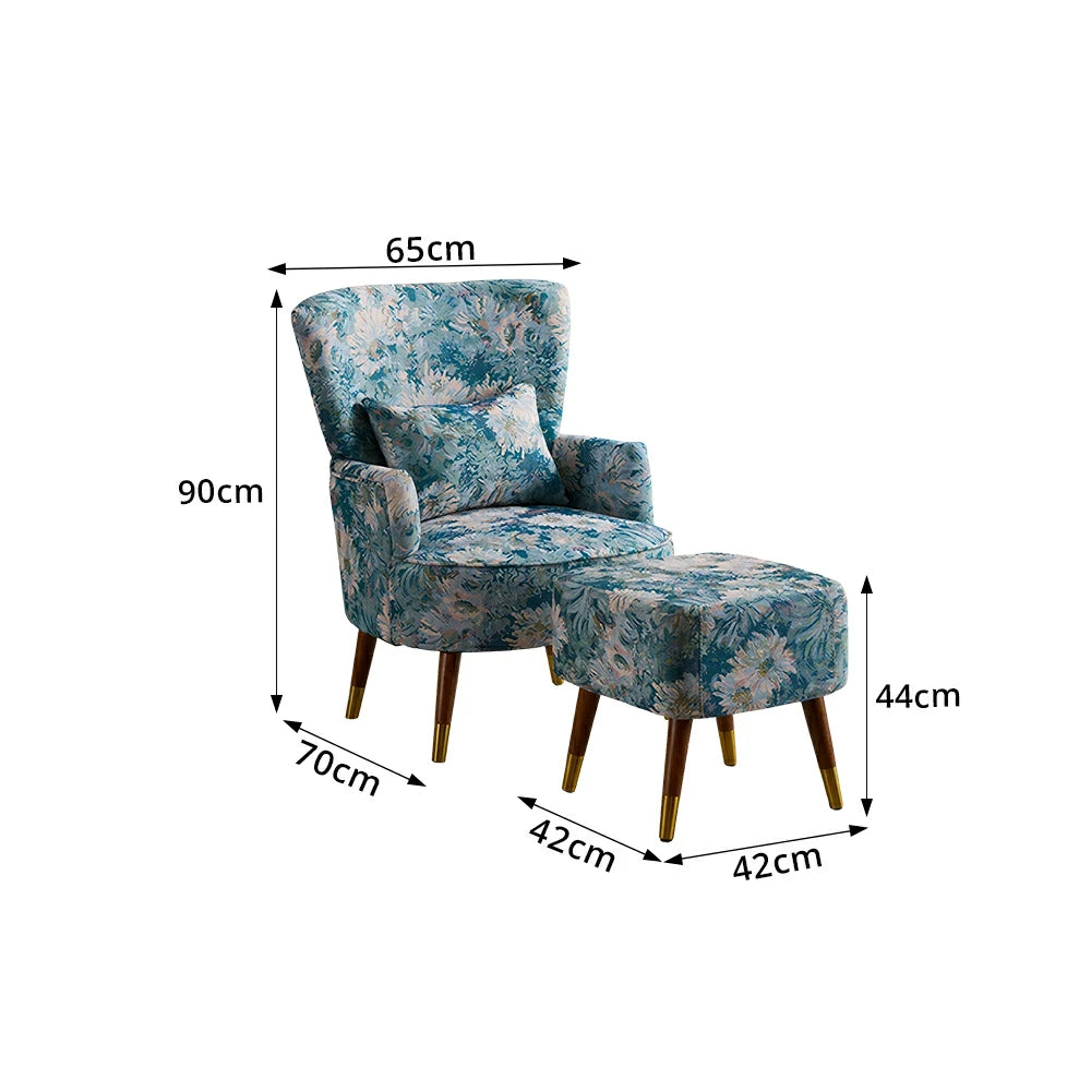 LIVARA High Back Floral Accent Chair with Ottoman - Vintage Living Room Lounge Chair - Blue Sunflower