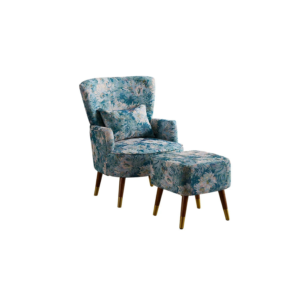 LIVARA High Back Floral Accent Chair with Ottoman - Vintage Living Room Lounge Chair - Blue Sunflower