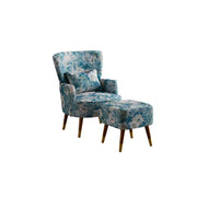 LIVARA High Back Floral Accent Chair with Ottoman - Vintage Living Room Lounge Chair - Blue Sunflower