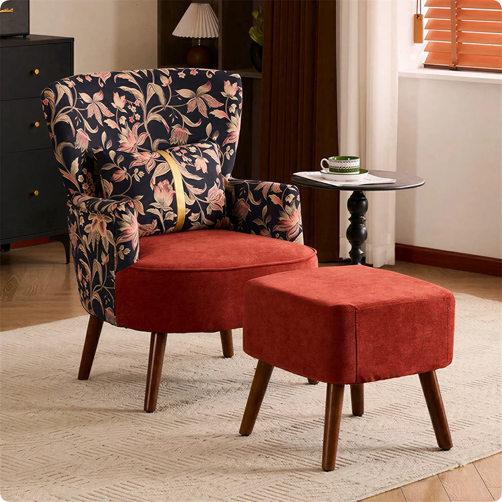 LIVARA High Back Gilded Floral Accent Chair with Ottoman - Red Cotton Linen