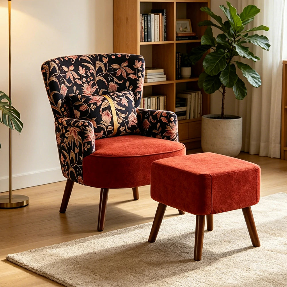 LIVARA High Back Gilded Floral Accent Chair with Ottoman - Red Cotton Linen