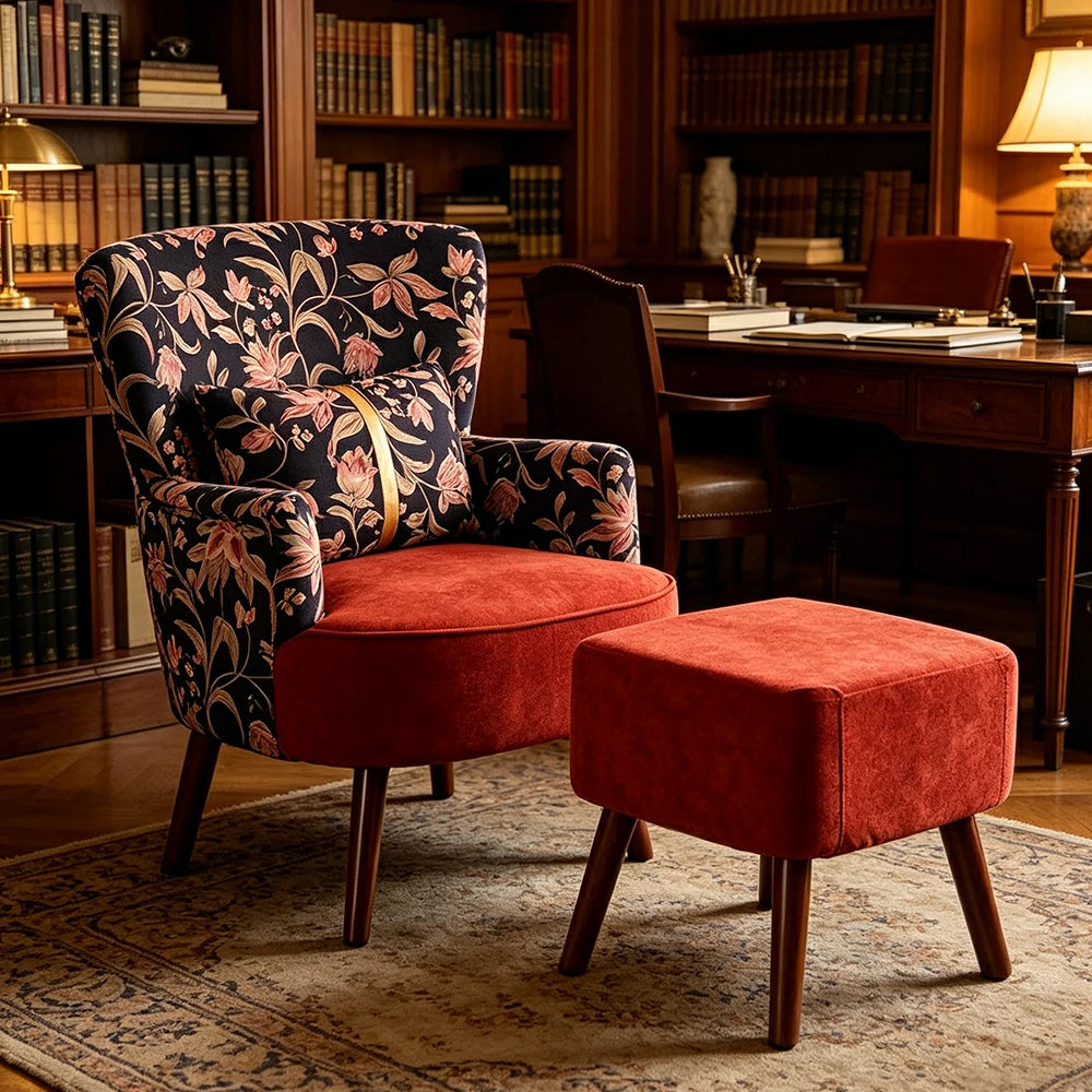 LIVARA High Back Gilded Floral Accent Chair with Ottoman - Red Cotton Linen