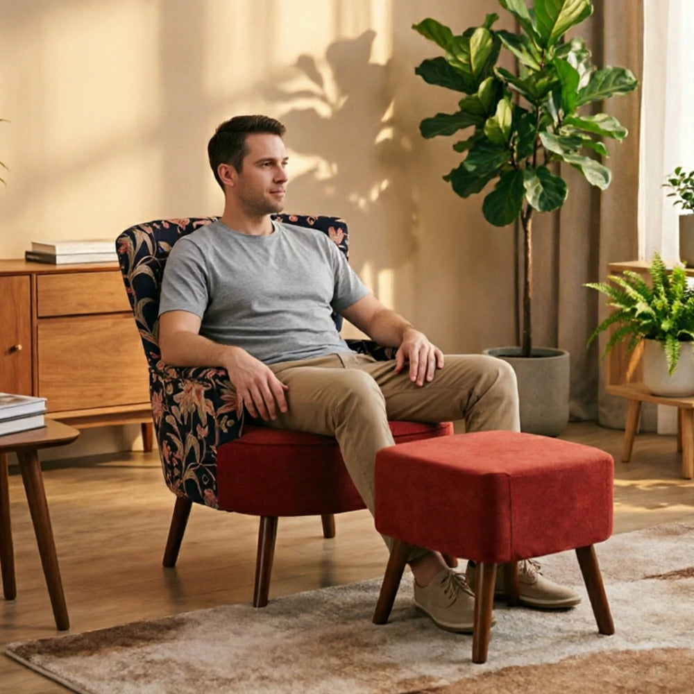 LIVARA High Back Gilded Floral Accent Chair with Ottoman - Red Cotton Linen