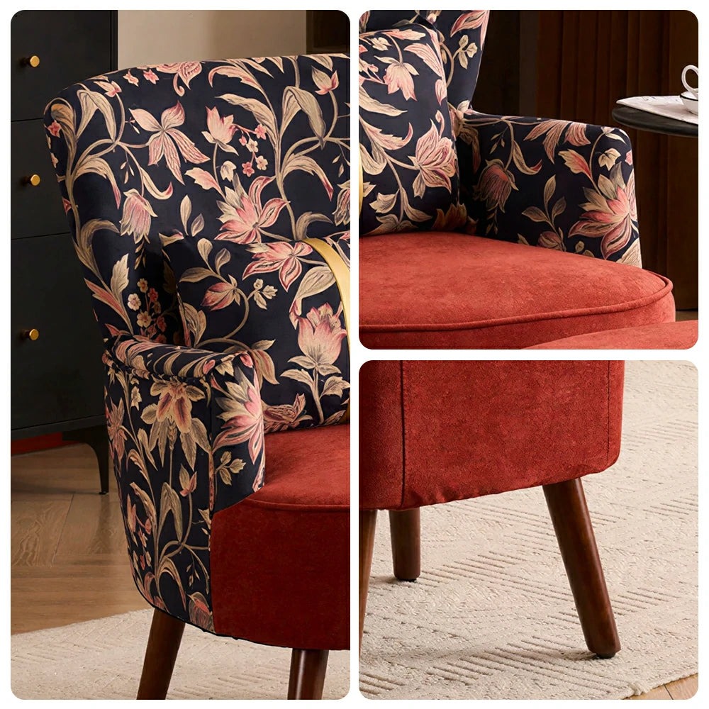 LIVARA High Back Gilded Floral Accent Chair with Ottoman - Red Cotton Linen