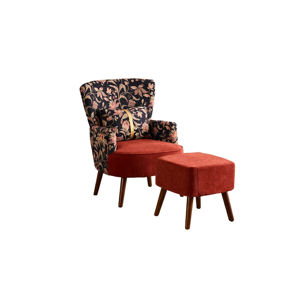 LIVARA High Back Gilded Floral Accent Chair with Ottoman - Red Cotton Linen