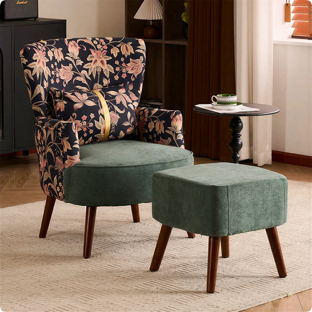 LIVARA High Back Gilded Floral Accent Chair with Ottoman - Green Cotton Linen