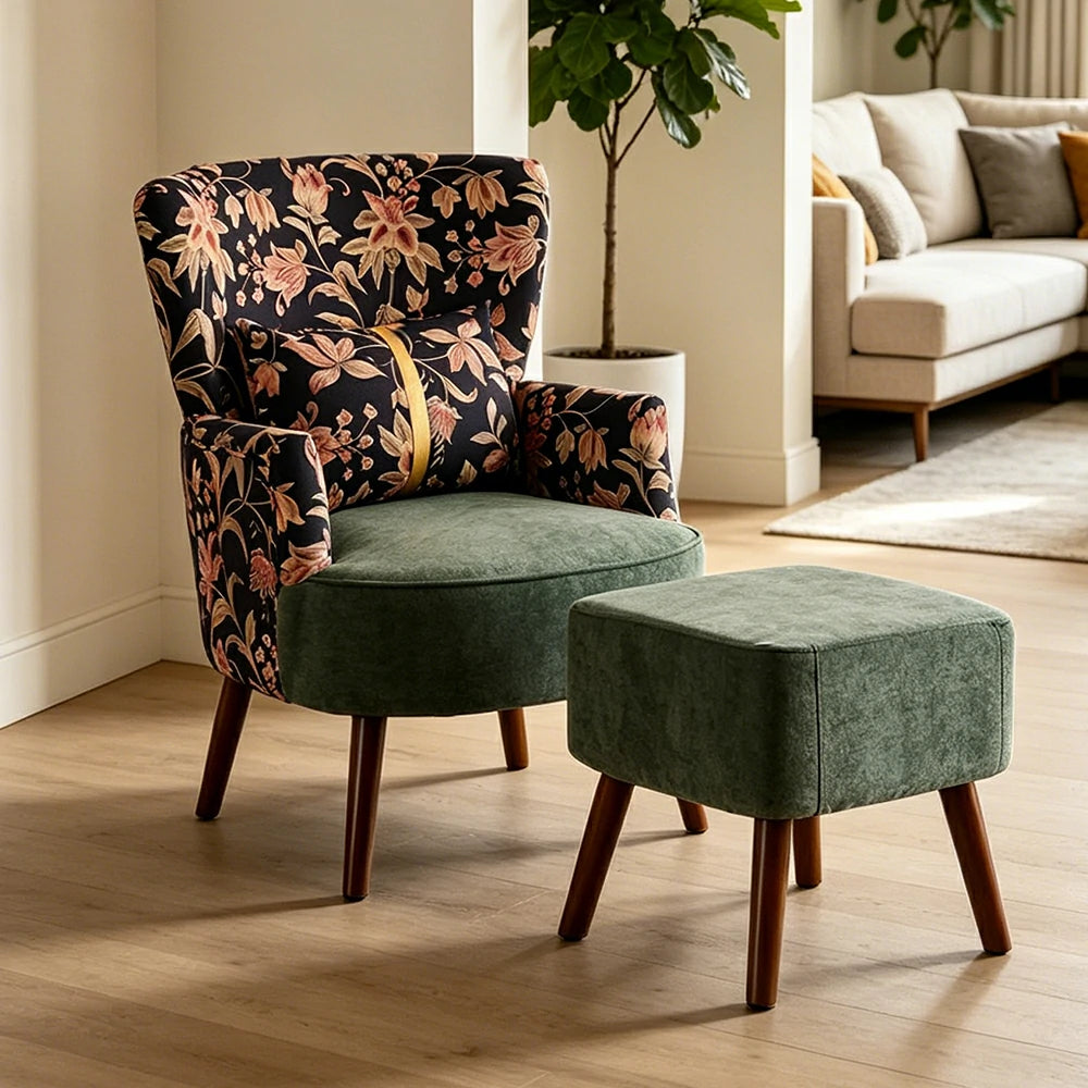 LIVARA High Back Gilded Floral Accent Chair with Ottoman - Green Cotton Linen